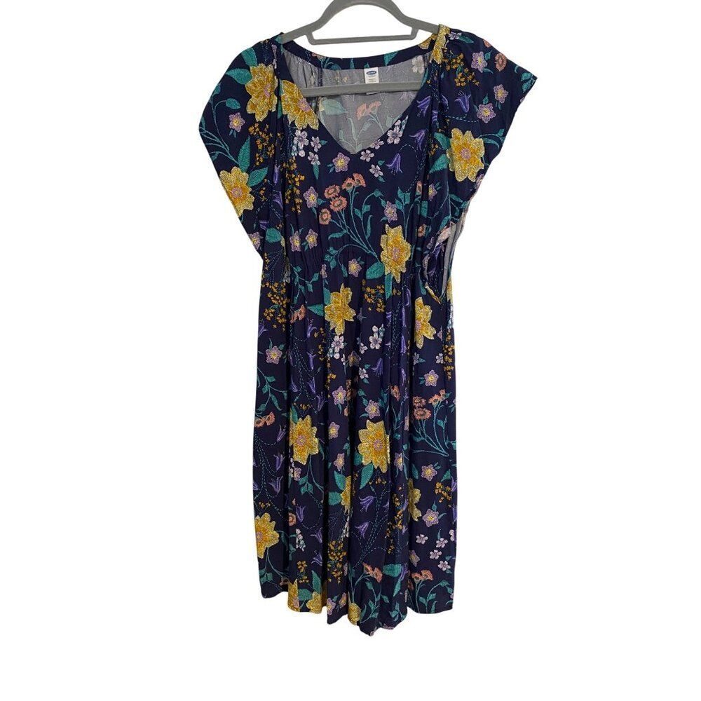 Old Navy Blue Floral Maternity Dress L Rayon Cap Sleeve Lightweight Comfy